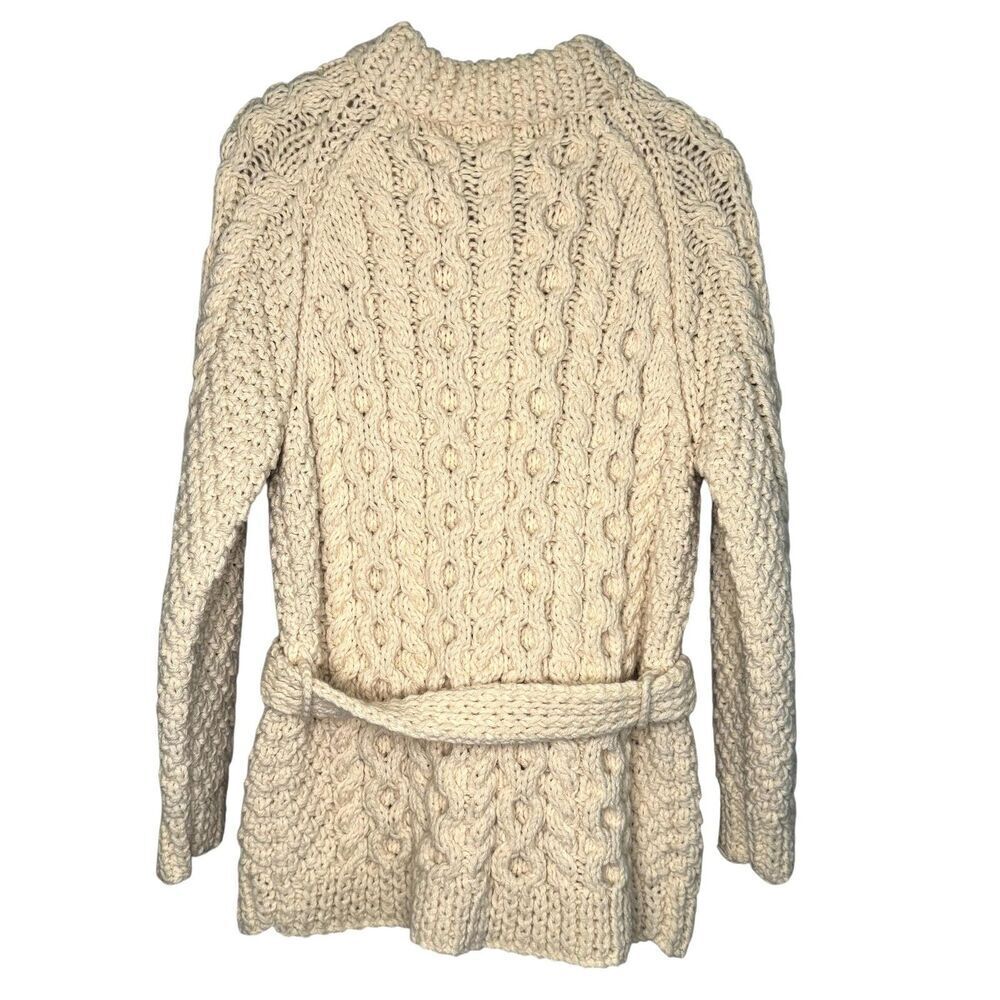 Andion Vintage Hand Knit Cardigan Irish Sweater Womens Small Aran Wool Belt Zip - Picture 6 of 6